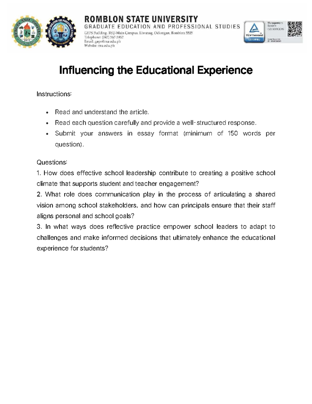 EDU 101: Essay on Influencing the Educational Experience - Studocu