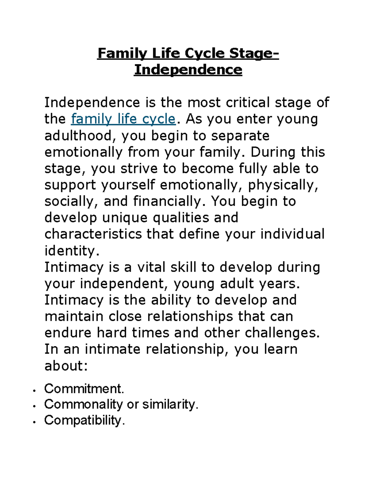 Family Life Cycle Stages: Independence, Coupling & Parenting - Studocu