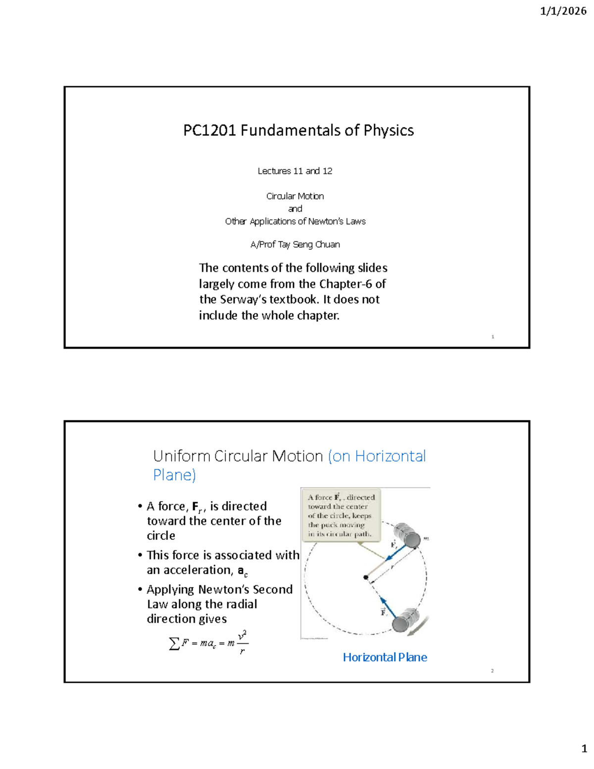 PC1201 Fundamentals of Physics: Circular Motion & Applications (Ch 6 ...