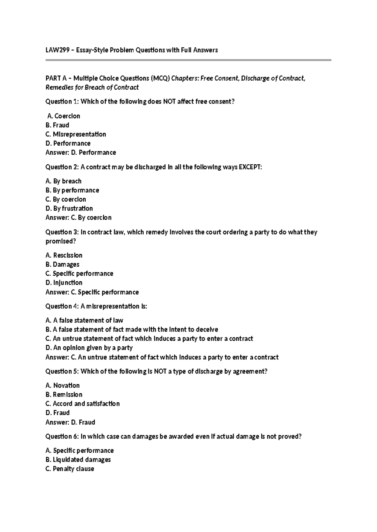 LAW299 Final Exam Practice: Problem Questions & Answers on Contract Law ...