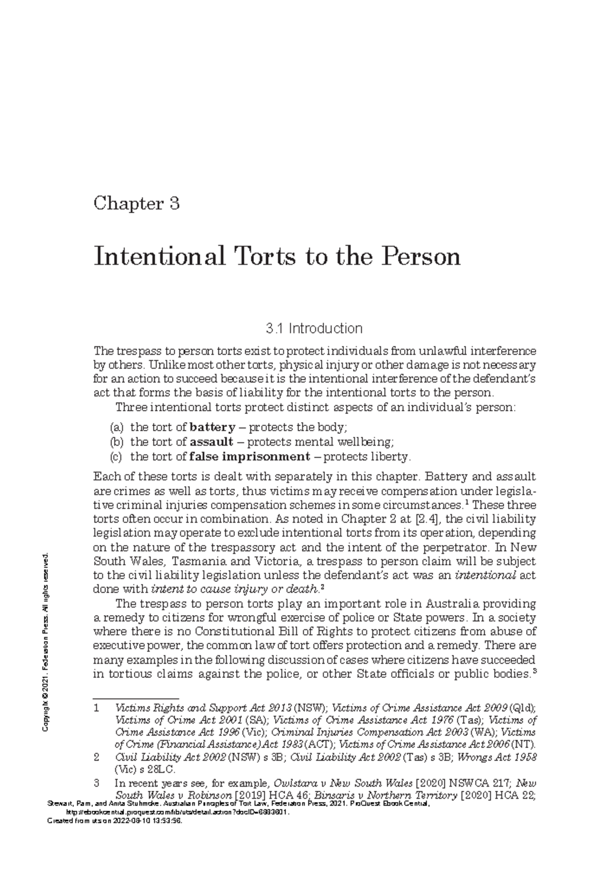 Australian Principles of Tort Law - (Chapter 3 Intentional Torts to the ...