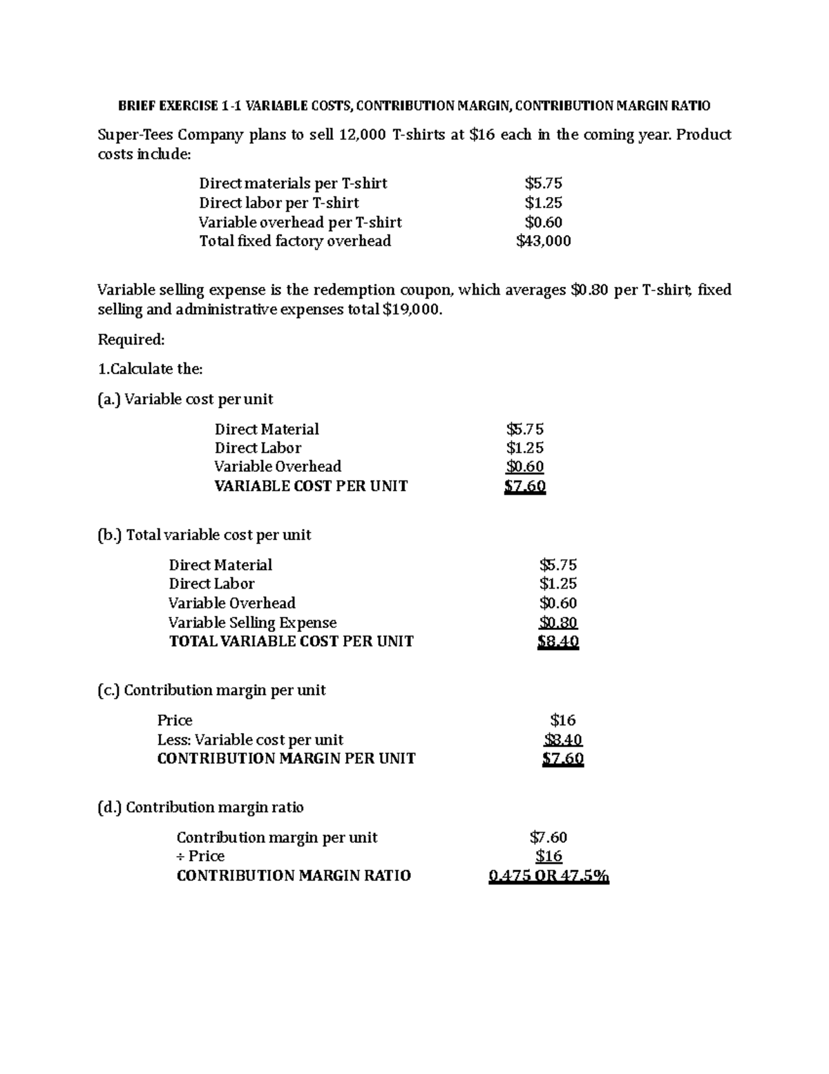 BRIEF EXERCISE ON VARIABLE COSTS & CONTRIBUTION MARGIN ANALYSIS - Studocu