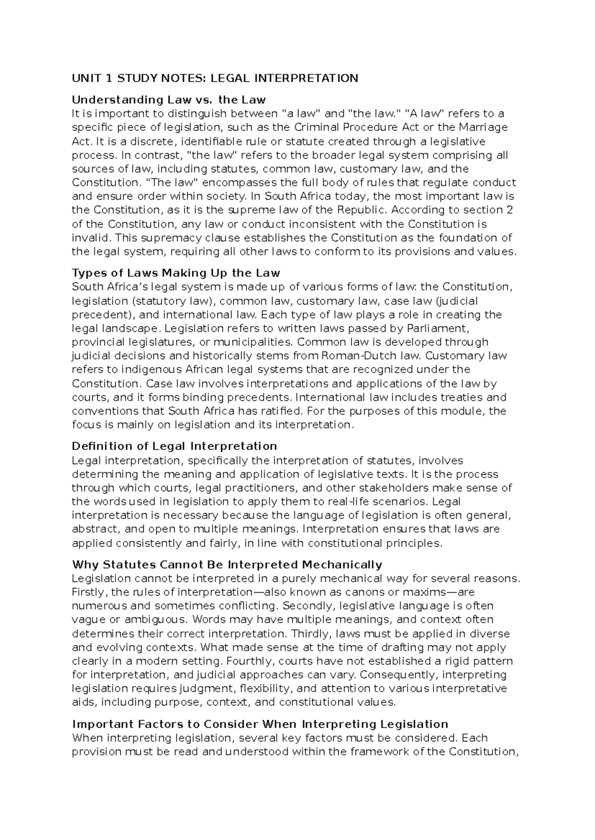 UNIT 1 STUDY NOTES: LEGAL INTERPRETATION AND LEGISLATION - Studocu