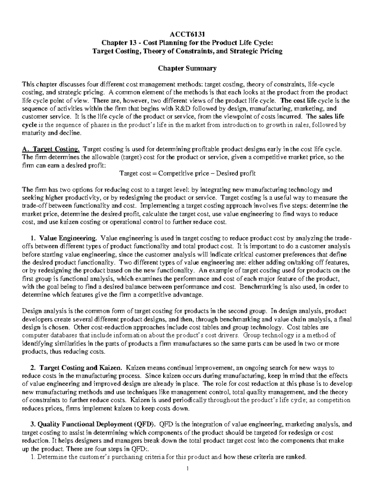 ACCT6131 Chapter 13 summary: Cost planning and target costing methods ...