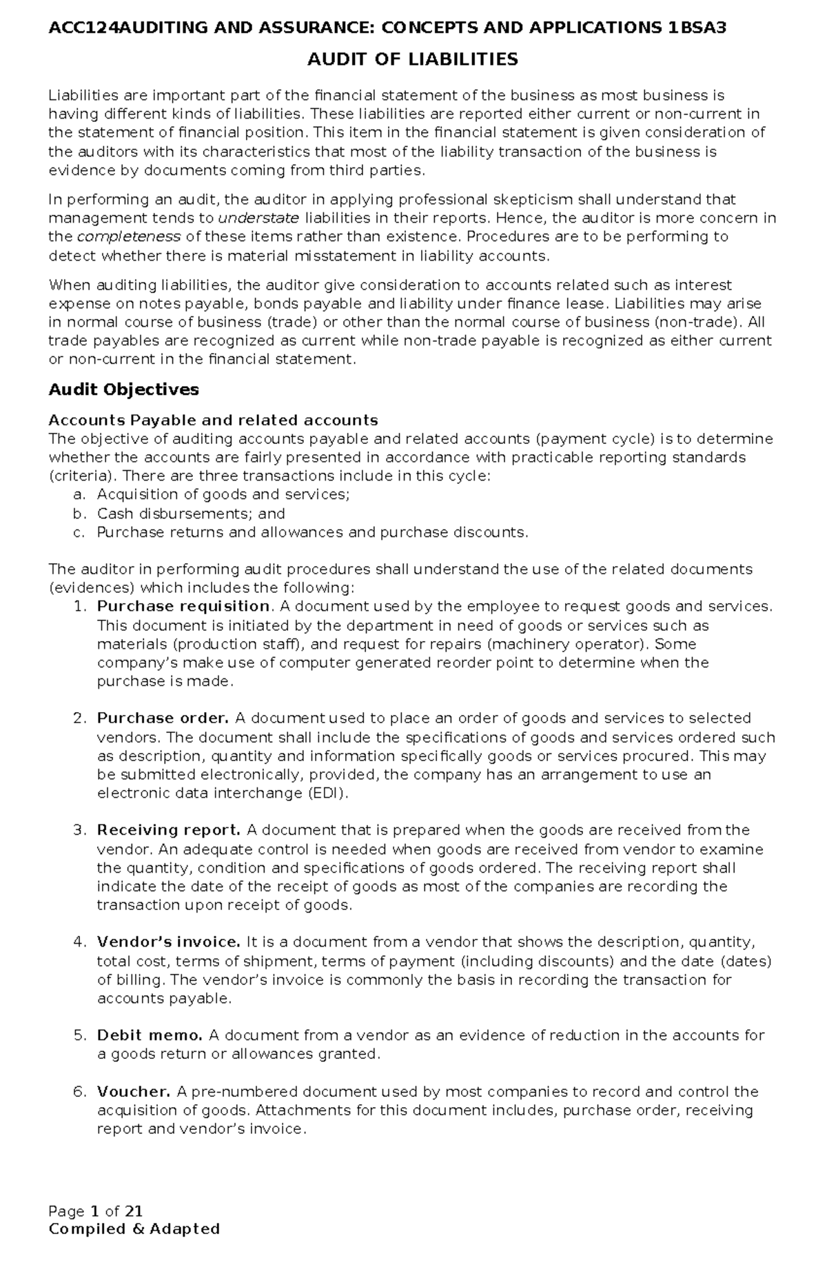 Audit of Liabilities - Comprehensive Handouts for ACC 310 - Document Preview