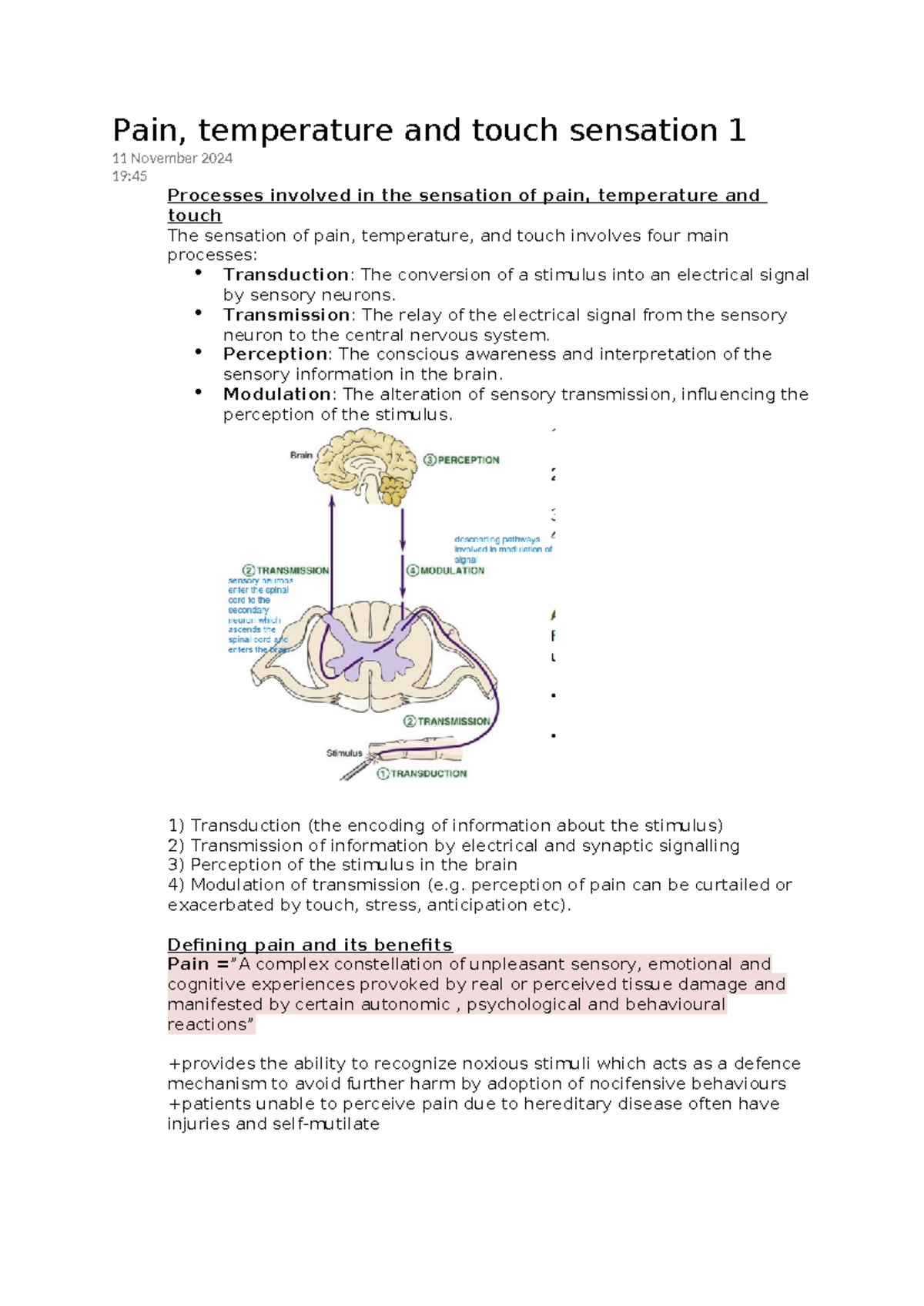 Pain, temperature and touch sensation 1 - Transmission: The relay of ...