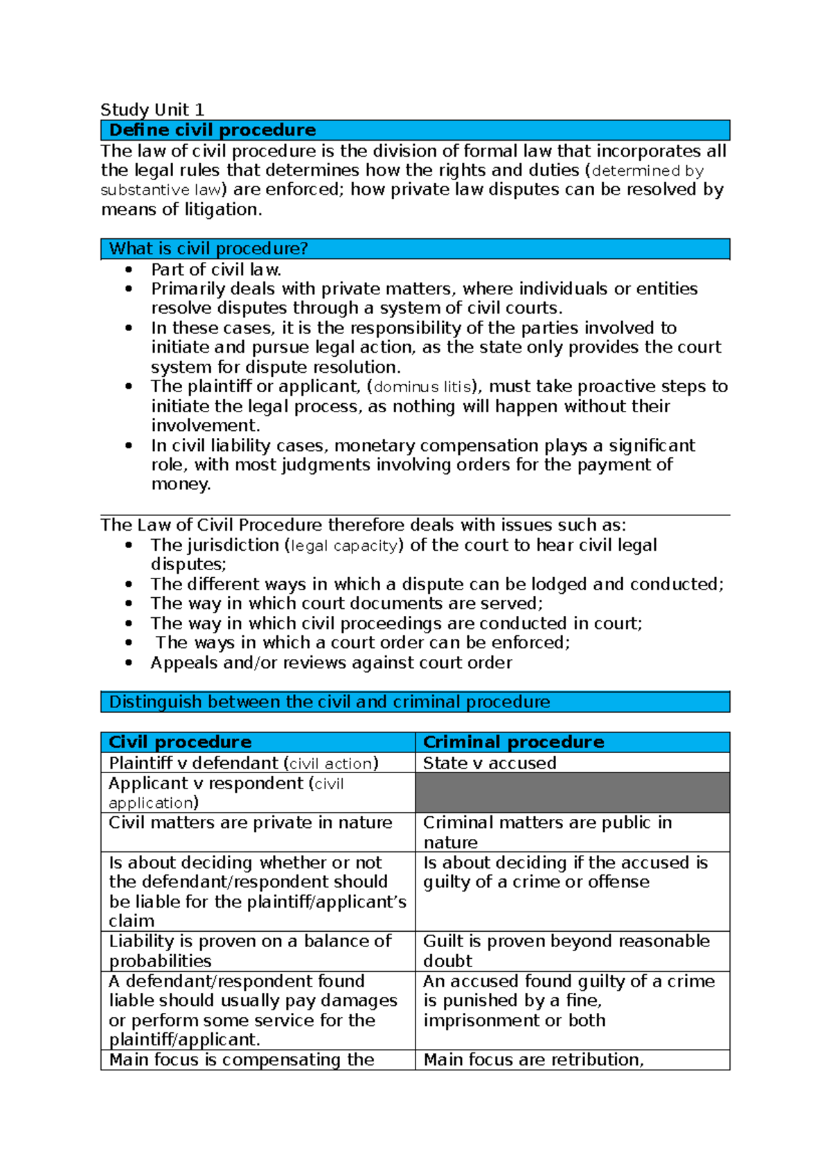 IURI 376 Study Units 1-6 Summary: Understanding Civil Procedure ...