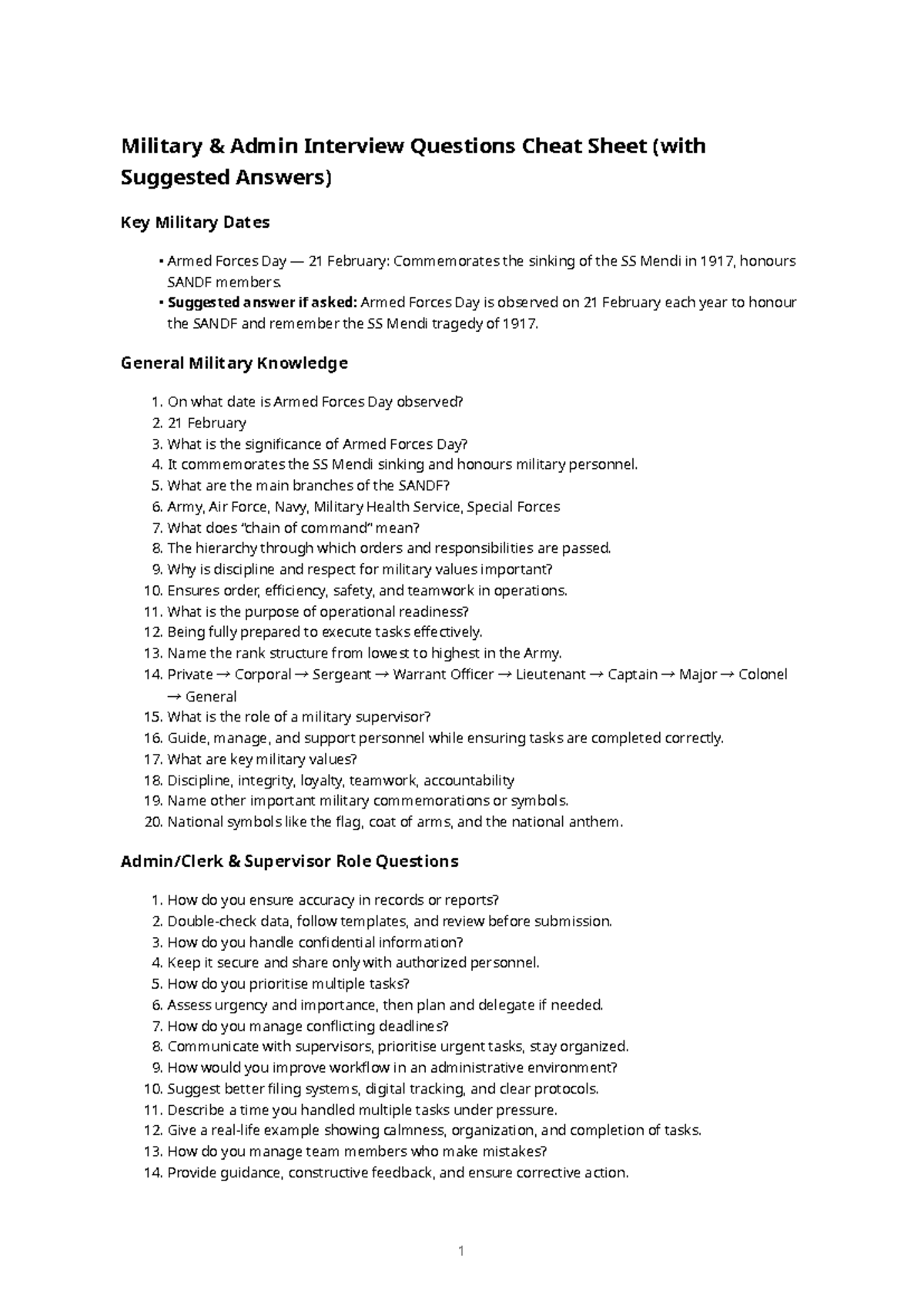 Military Admin Interview Questions Cheat Sheet (with Answers) - Studocu