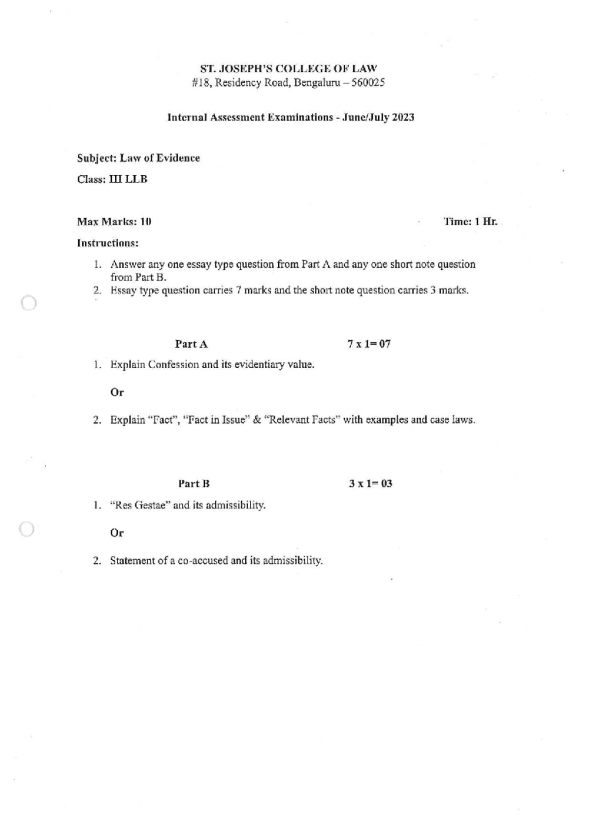 LLB Internal Assessment: Law of Evidence Exam June 2023 - Studocu