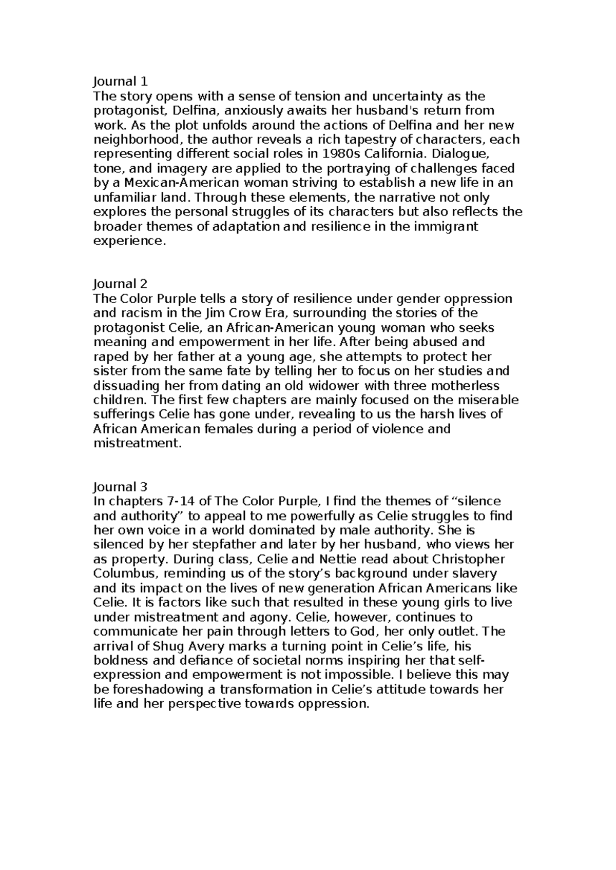 Reading Journals - nice - Journal 1 The story opens with a sense of ...