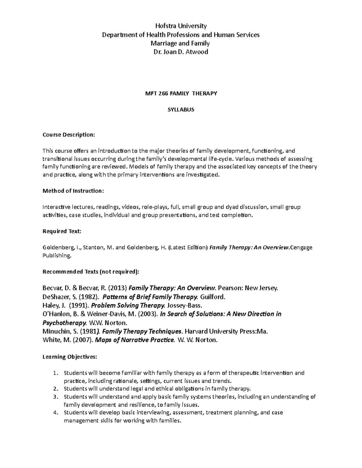 MFT 266 Family Therapy Syllabus and Course Overview - Studocu