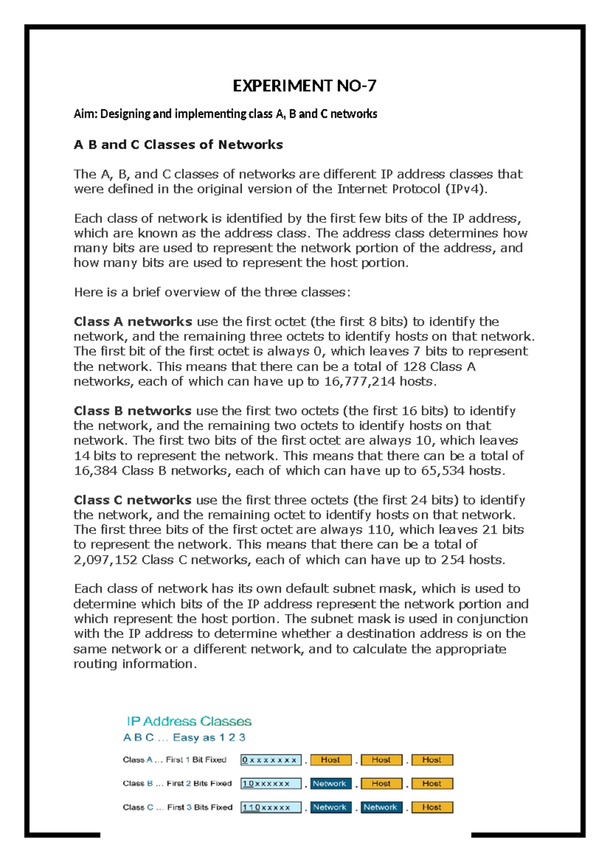 Experiment 7 - Overview of IP Address Classes A, B, and C - Studocu