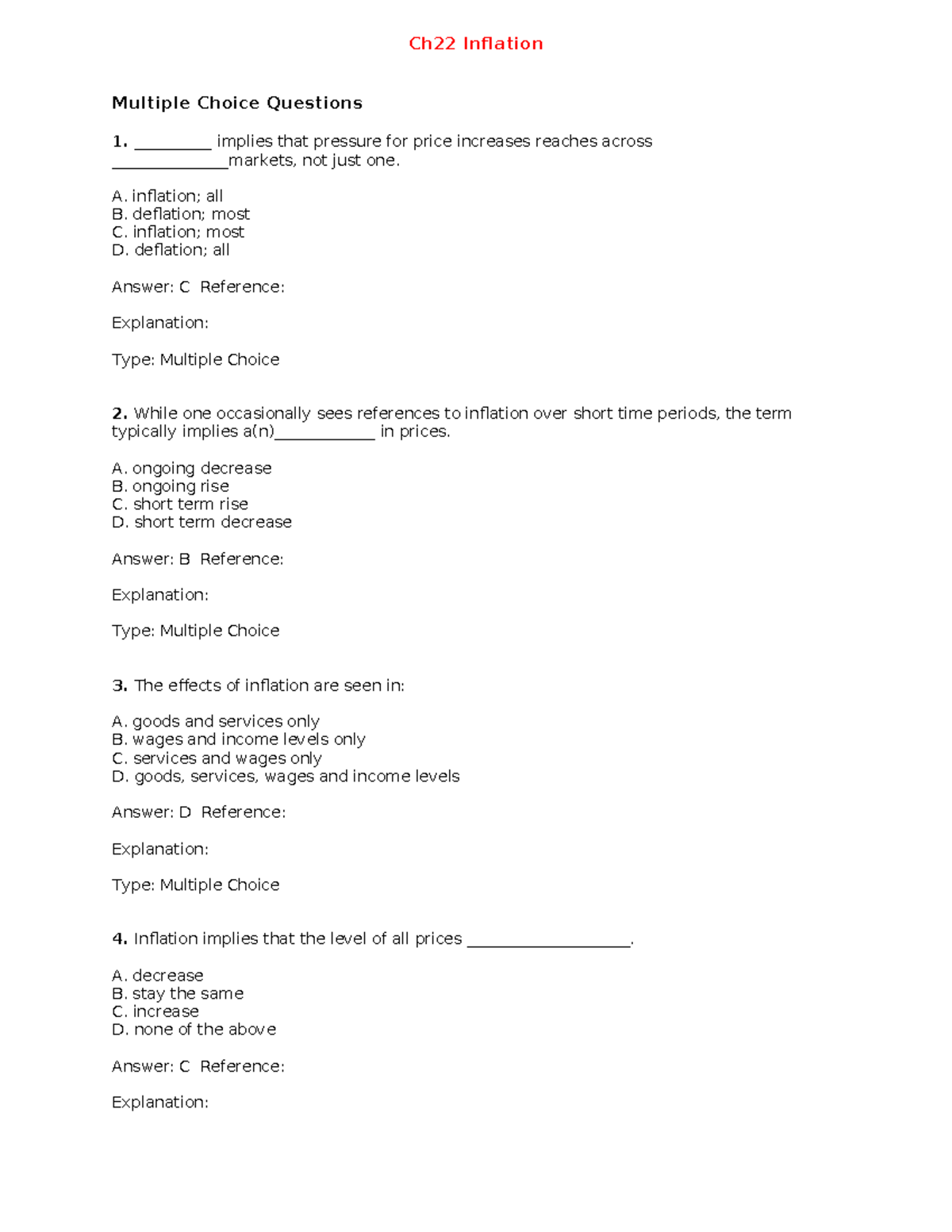 Ch 22 Inflation Study Guide - ECON 1101 Multiple Choice & Essays - Studocu
