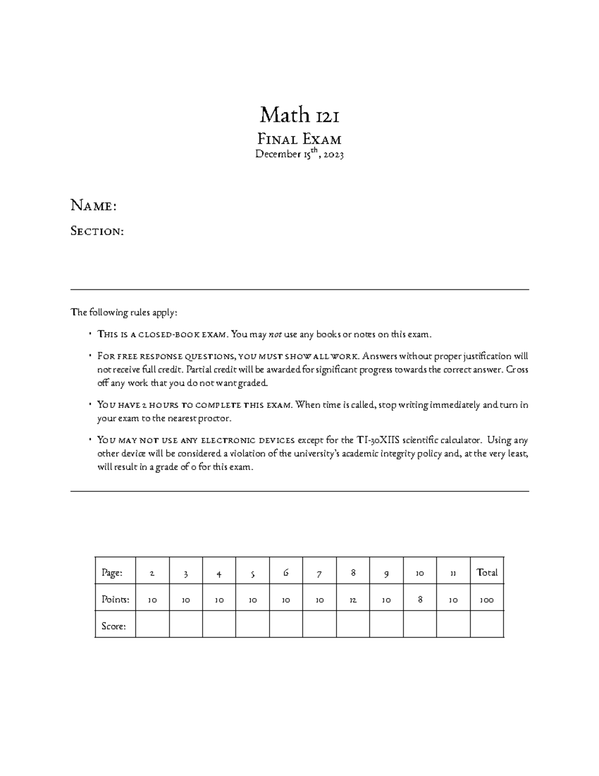 Math 121 Final 2023 Solutions - Math 121 Final Exam December 15th, 2023 ...