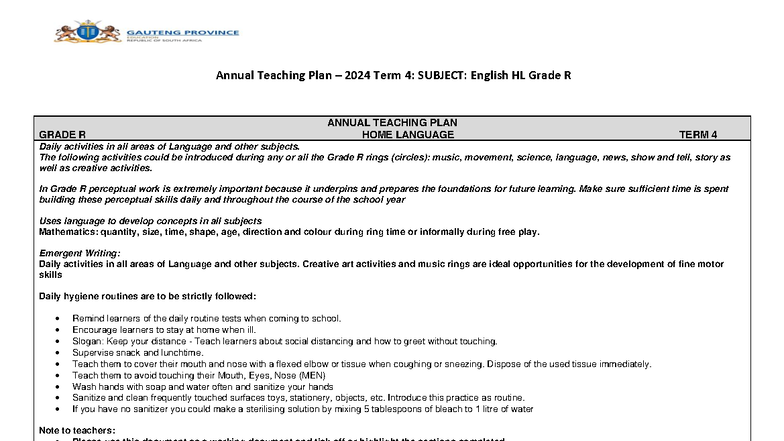 ATP English HL Grade R Term 4 Teaching Plan 2024 - Studocu