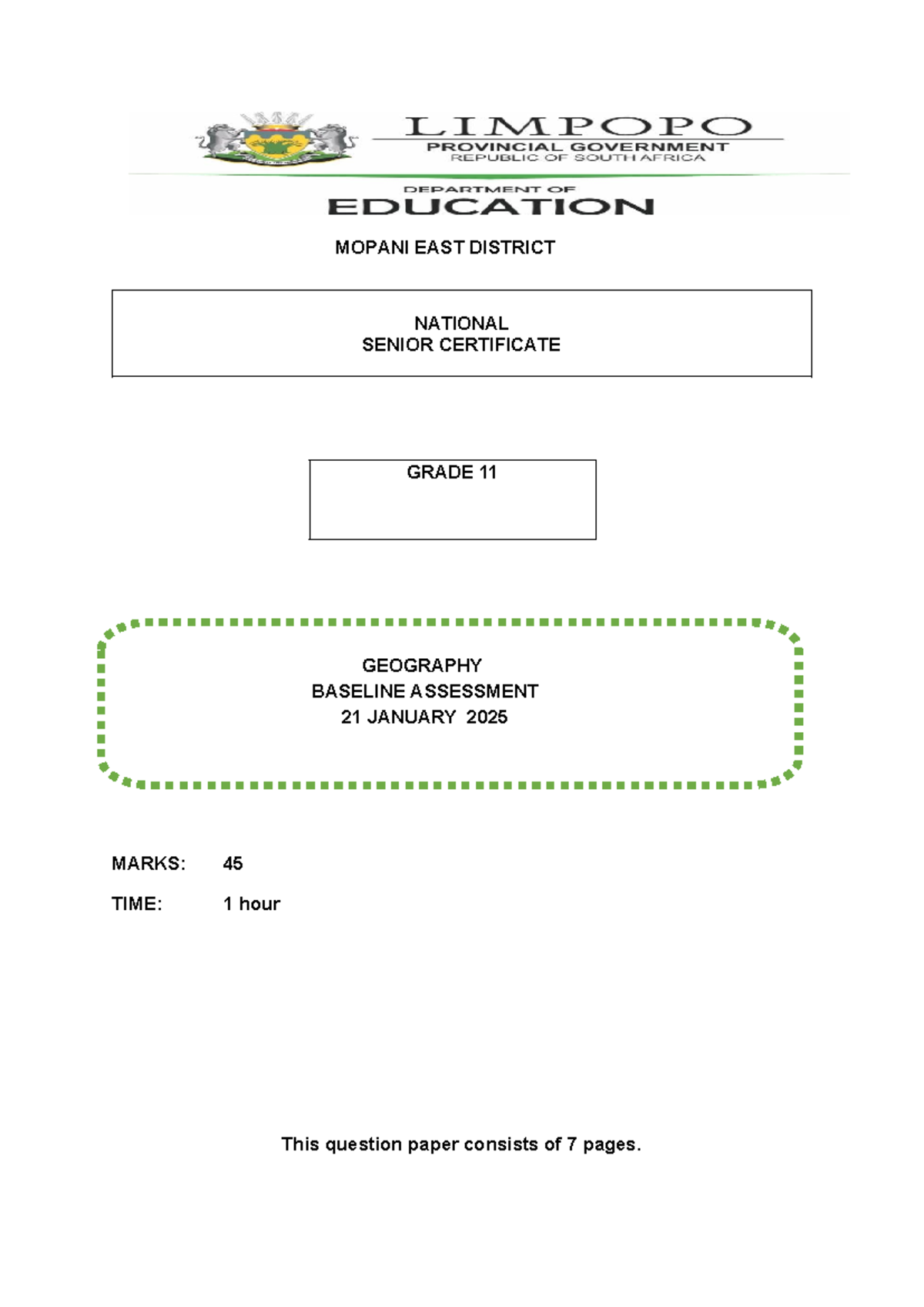 GEOG 11 Baseline Assessment Question Paper - January 2025 - Studocu