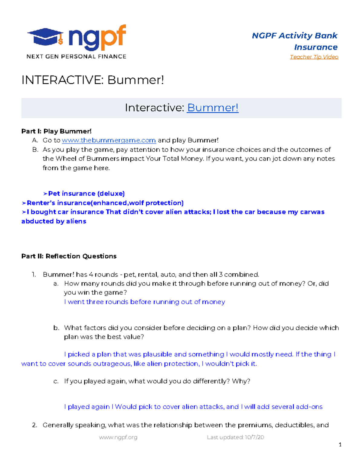 Lesson 6.2 - Interactive Bummer Reflection & Insights - Studocu