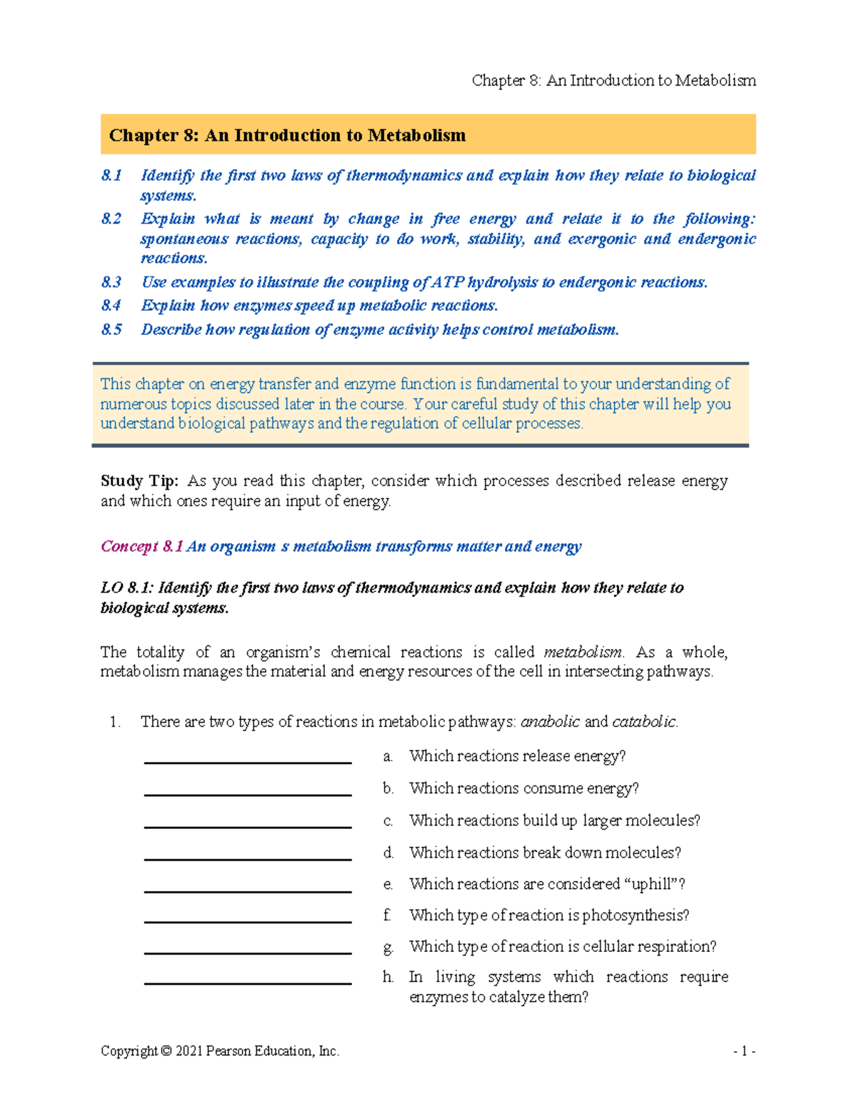 Final Exam Study Guide: Metabolism (Chapter 8) - Bio 101 - Studocu