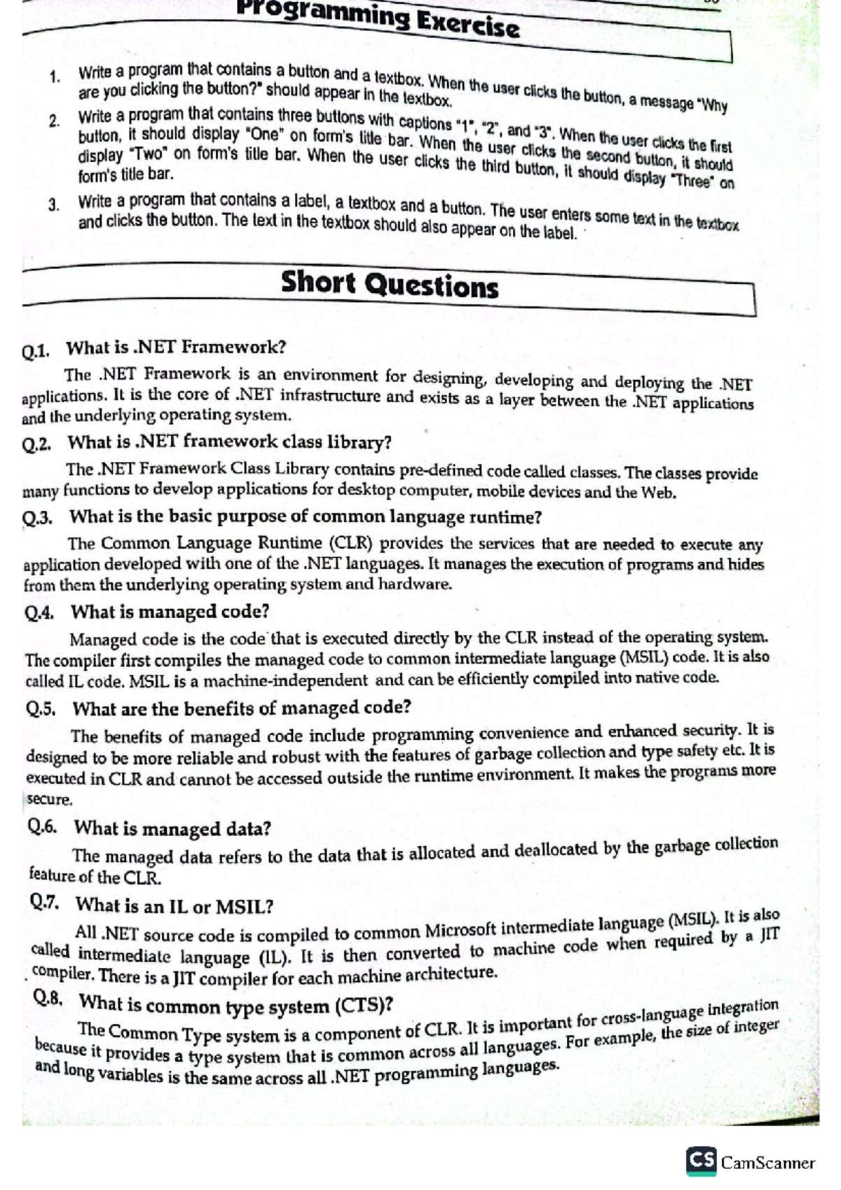CS Short Questions for Chapter 2: .NET Framework Overview - Studocu