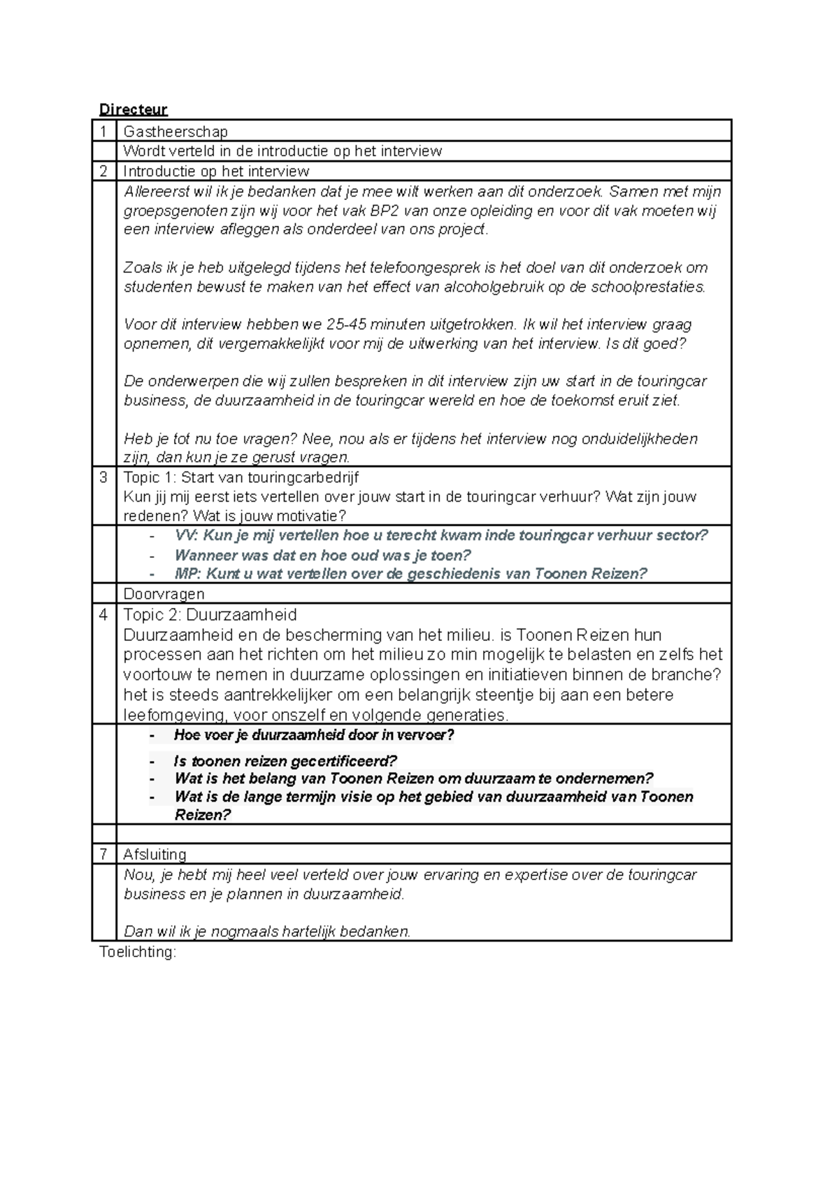 Interviewschema BP2: Duurzaamheid en Touringcarbedrijf - Studeersnel