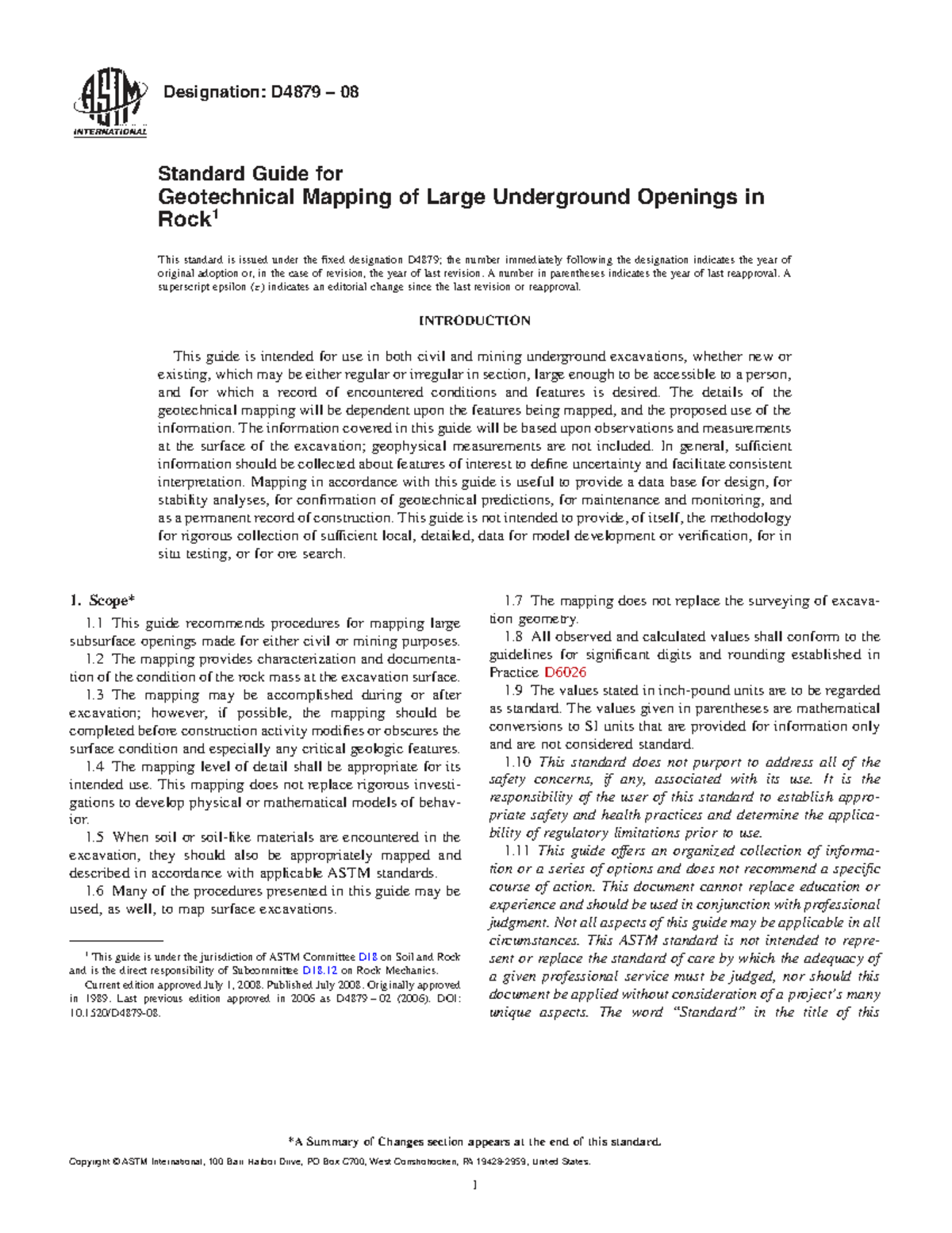 ASTM D4879-08 Standard Guide for Geotechnical Mapping in Rock - Studocu