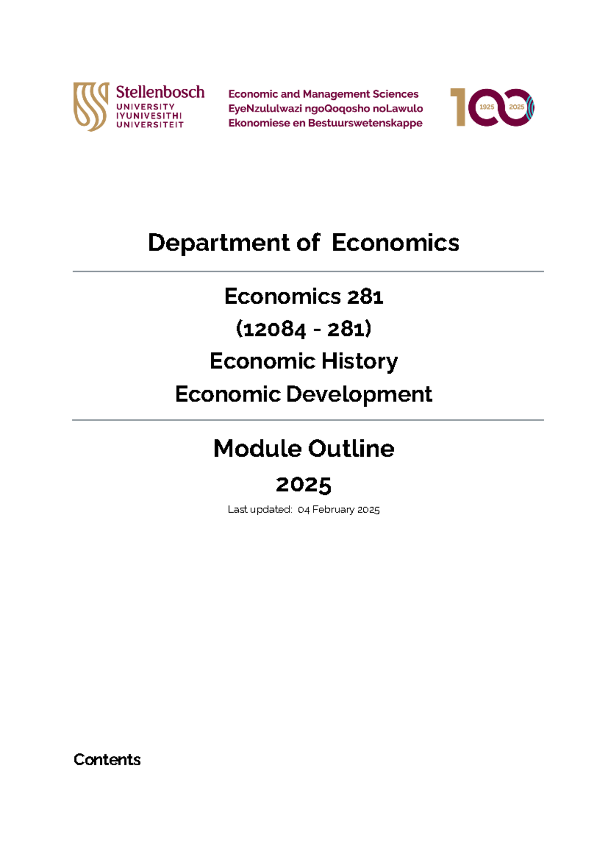 Economics 281 (12084 281) Economic History & Development Module Outline ...