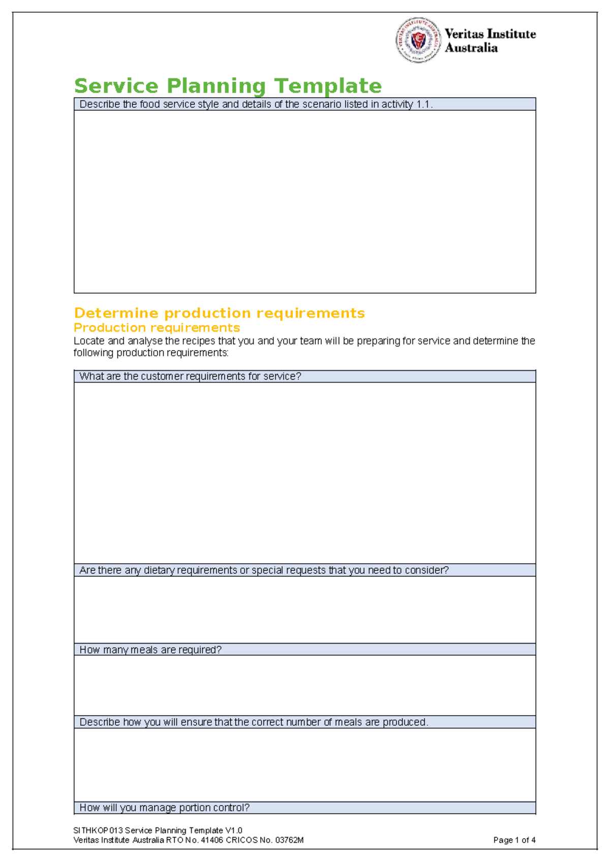 SITHKOP013 Service Planning Template for Food Service Requirements ...