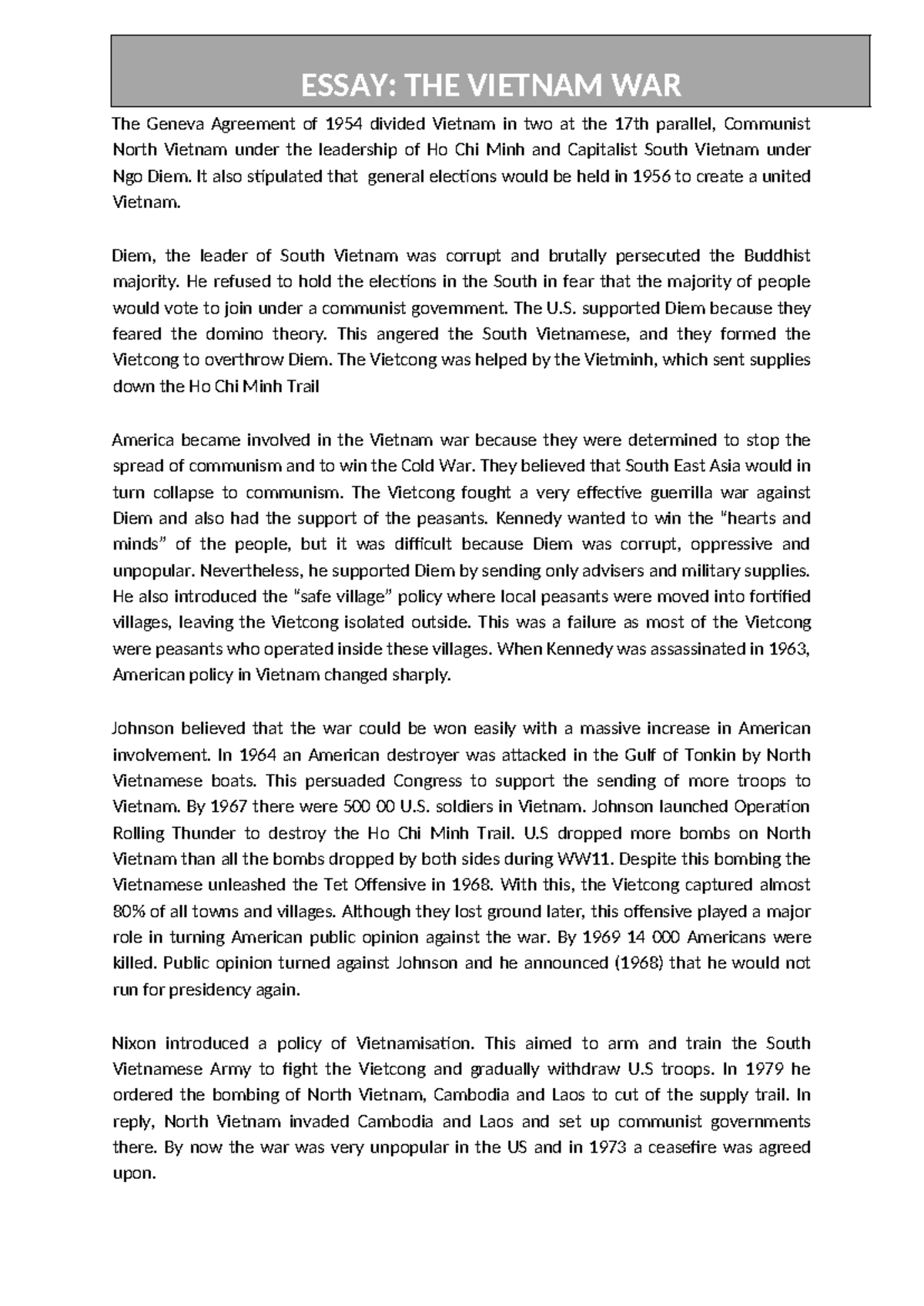 Essay: The Vietnam War (Course Code: ENG 101) - Studocu