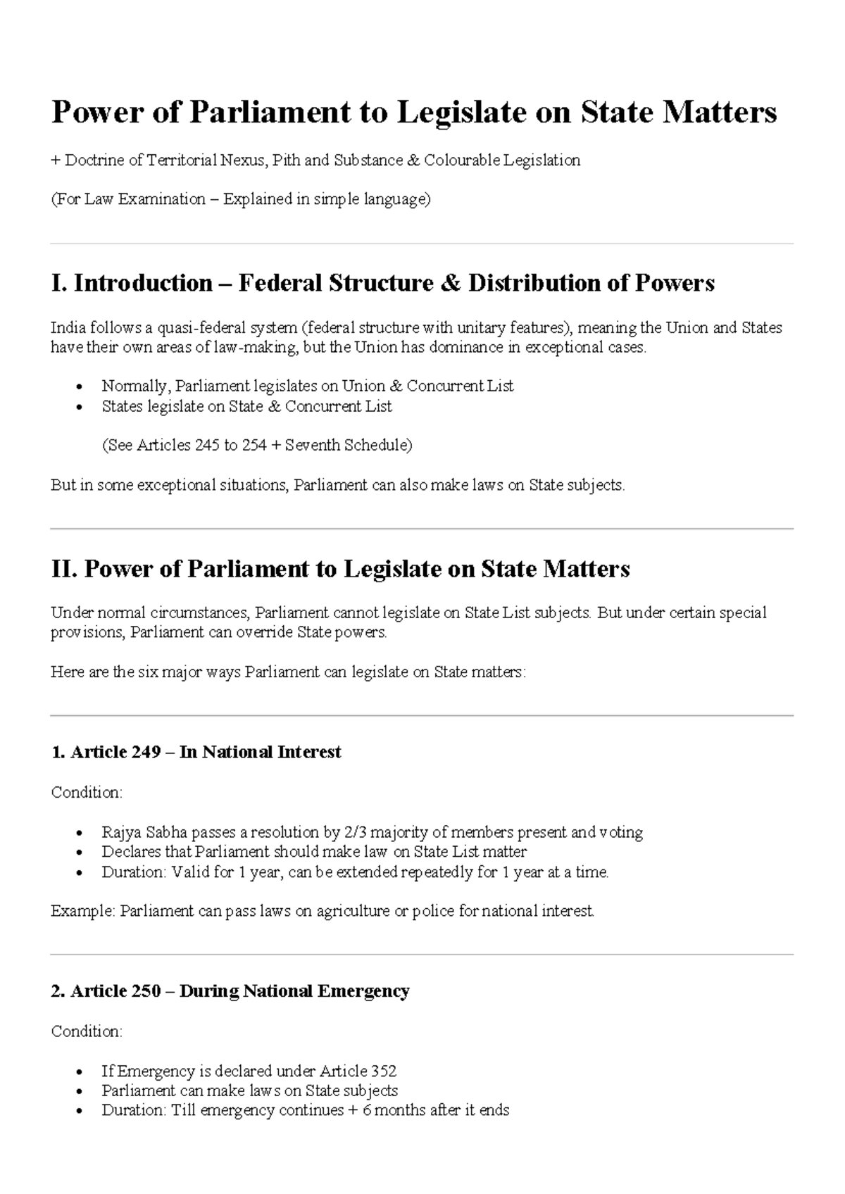 Power of Parliament to Legislate on State Matters: Key Doctrines ...