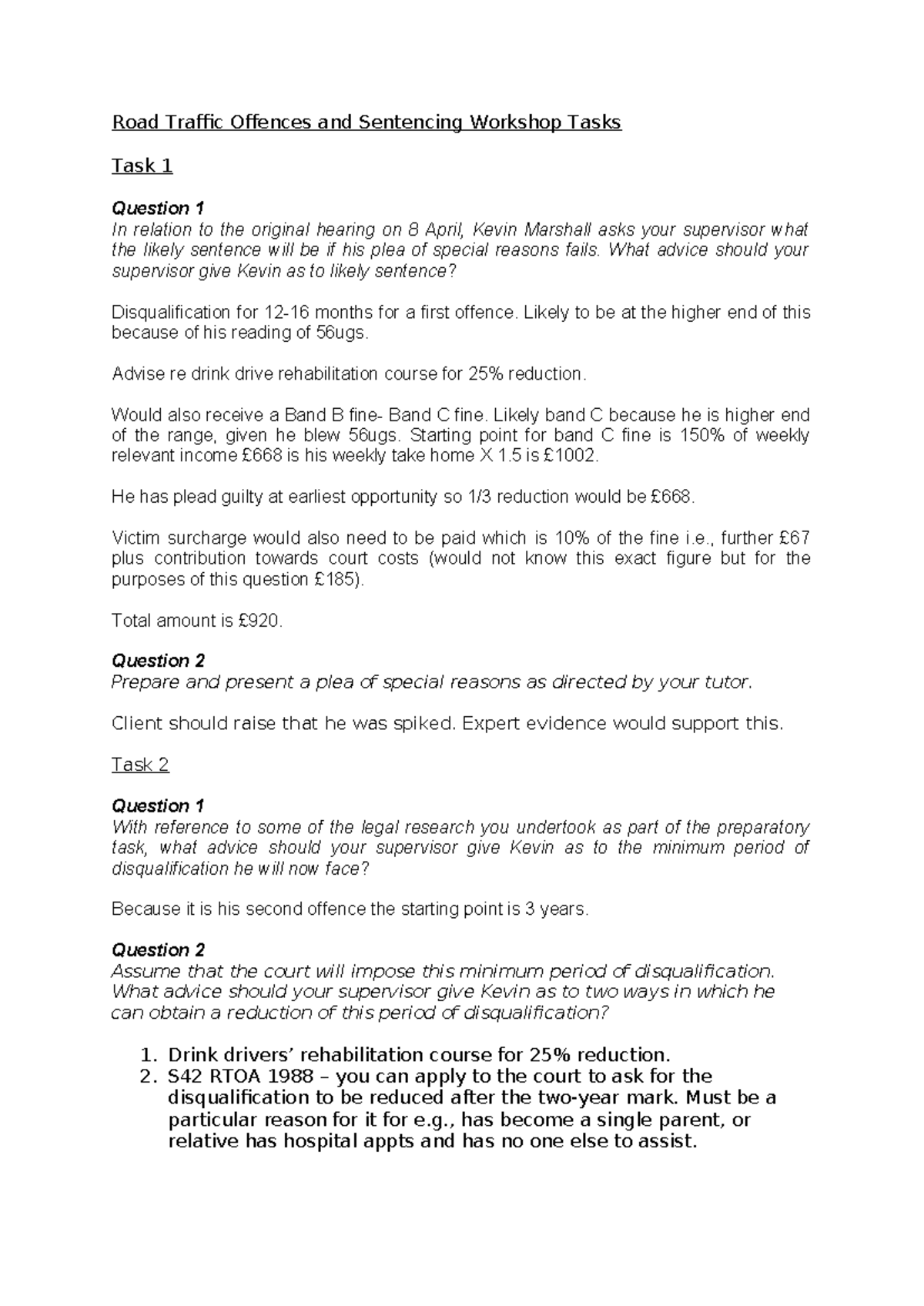 Road Traffic Offences & Sentencing Workshop Tasks (Law 101) - Studocu