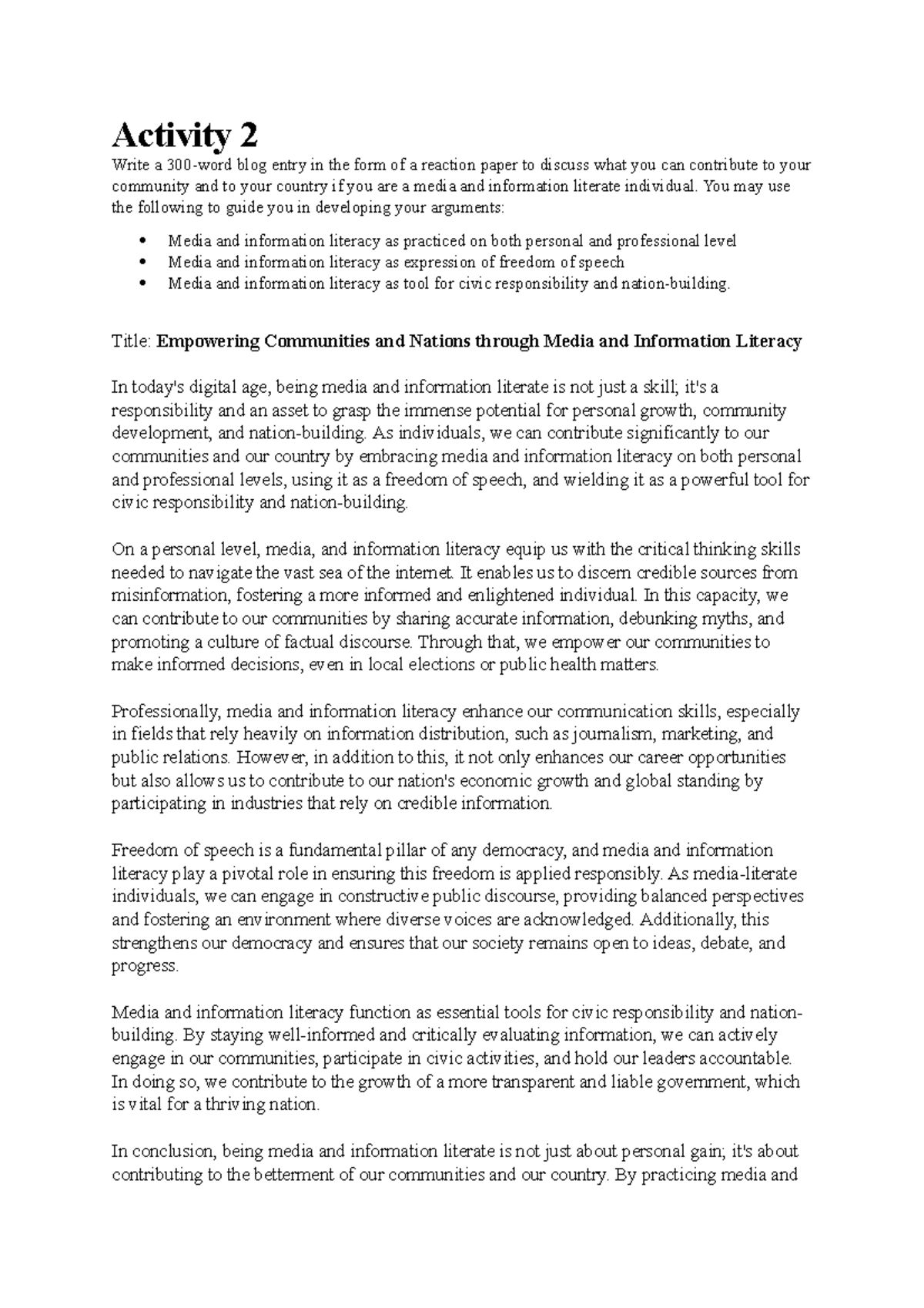 MIL Activity 2: Reflection on Media & Information Literacy Impact - Studocu