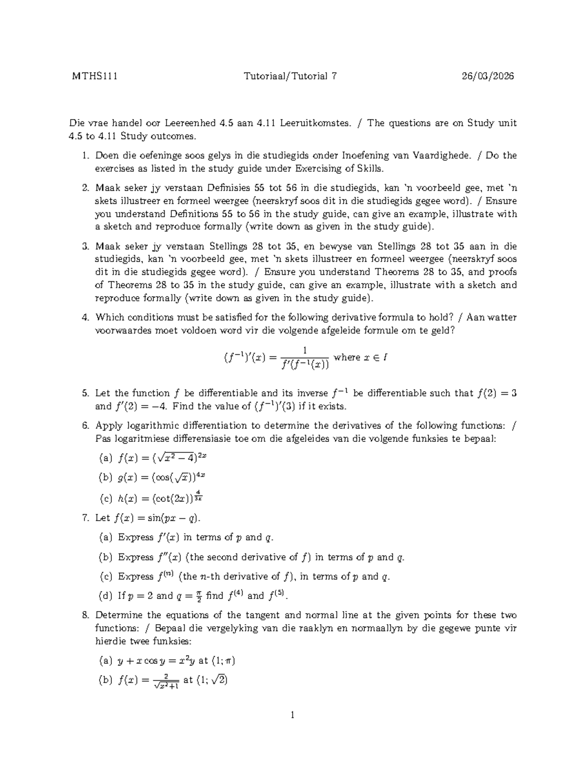 MTHS111 Tutorial 7: Study Unit 4.5 to 4.11 Exercises and Concepts - Studocu