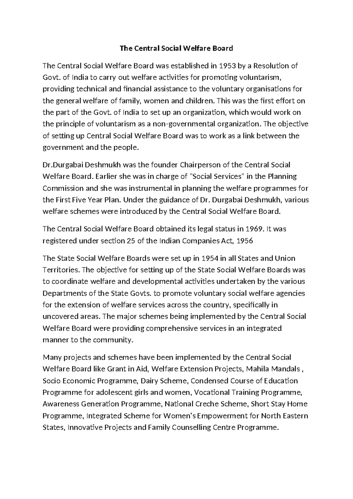CSWB Overview: History, Functions, and Welfare Initiatives - Studocu
