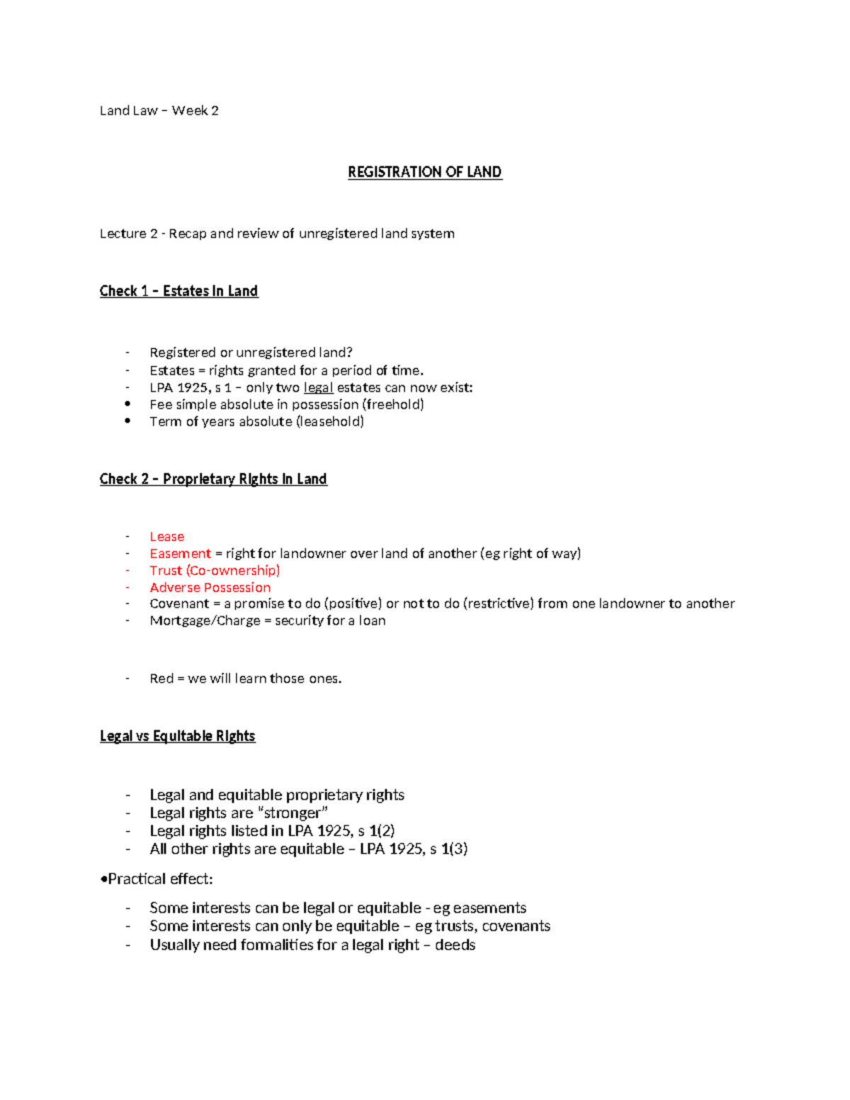 Land Law (LAW101) Week 2 Lecture Notes: Registration & Estates Overview ...