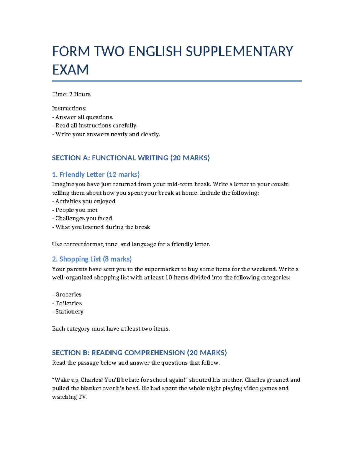Form Two English Supplementary Exam: Writing, Reading & Oral Skills ...