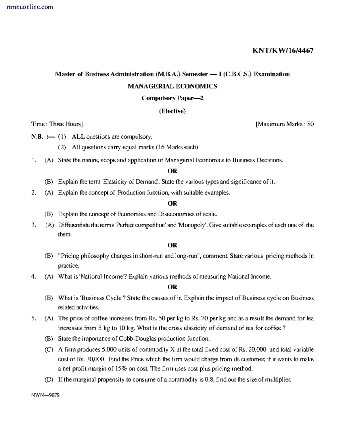MBA Semester I Managerial Economics Exam Questions (CBCS) Winter 2016 ...