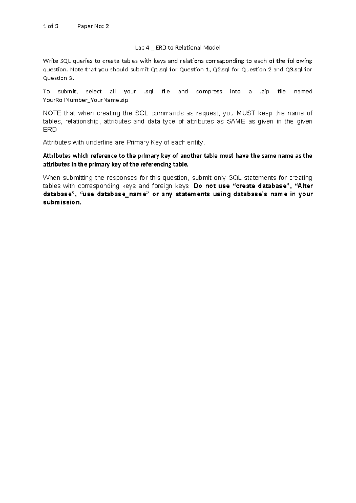 Lab 4: ERD to Relational Model SQL Queries (Paper No: 2) - Studocu