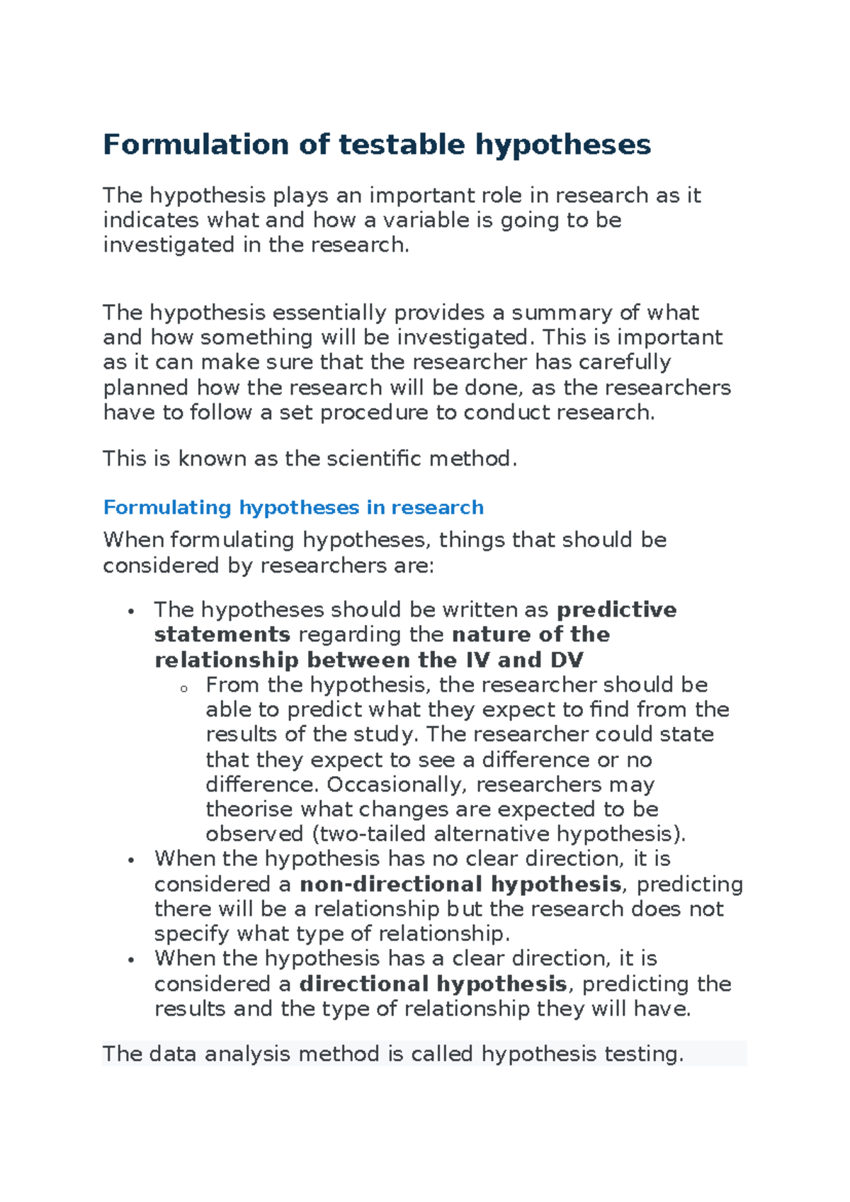 Formulating Hypothesis - Formulation of testable hypotheses The ...