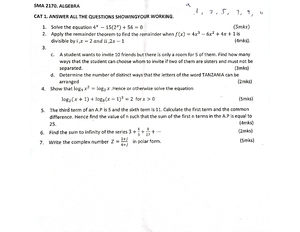 SMA 2101 Calculus I Cat 2 202425 - SMA 2101: CALCULUS: CAT 2 TIME:1 ...