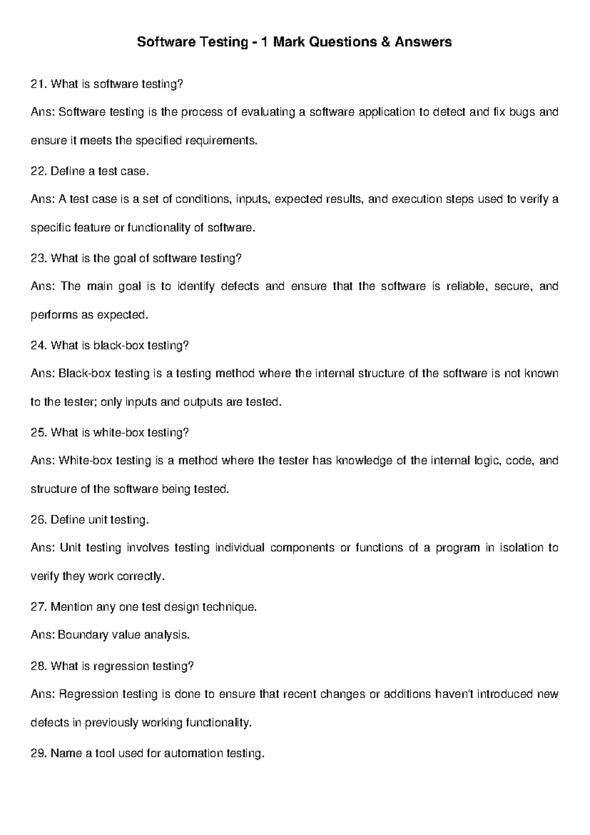 Software Testing 1 Mark Questions & Answers (QA) - Studocu