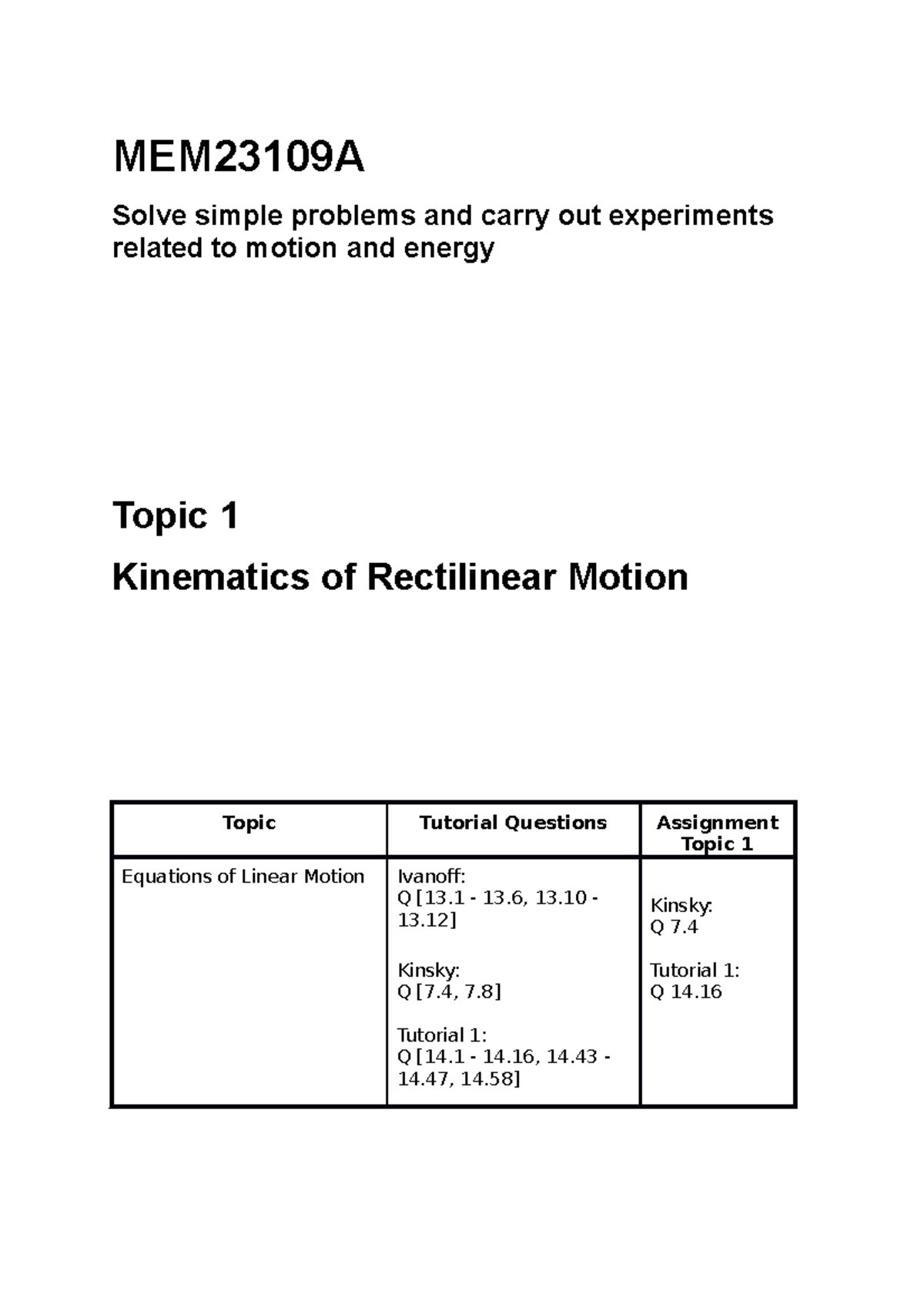 MEM23109A Lecture Notes - Basic Kinematics and Motion Analysis - Studocu