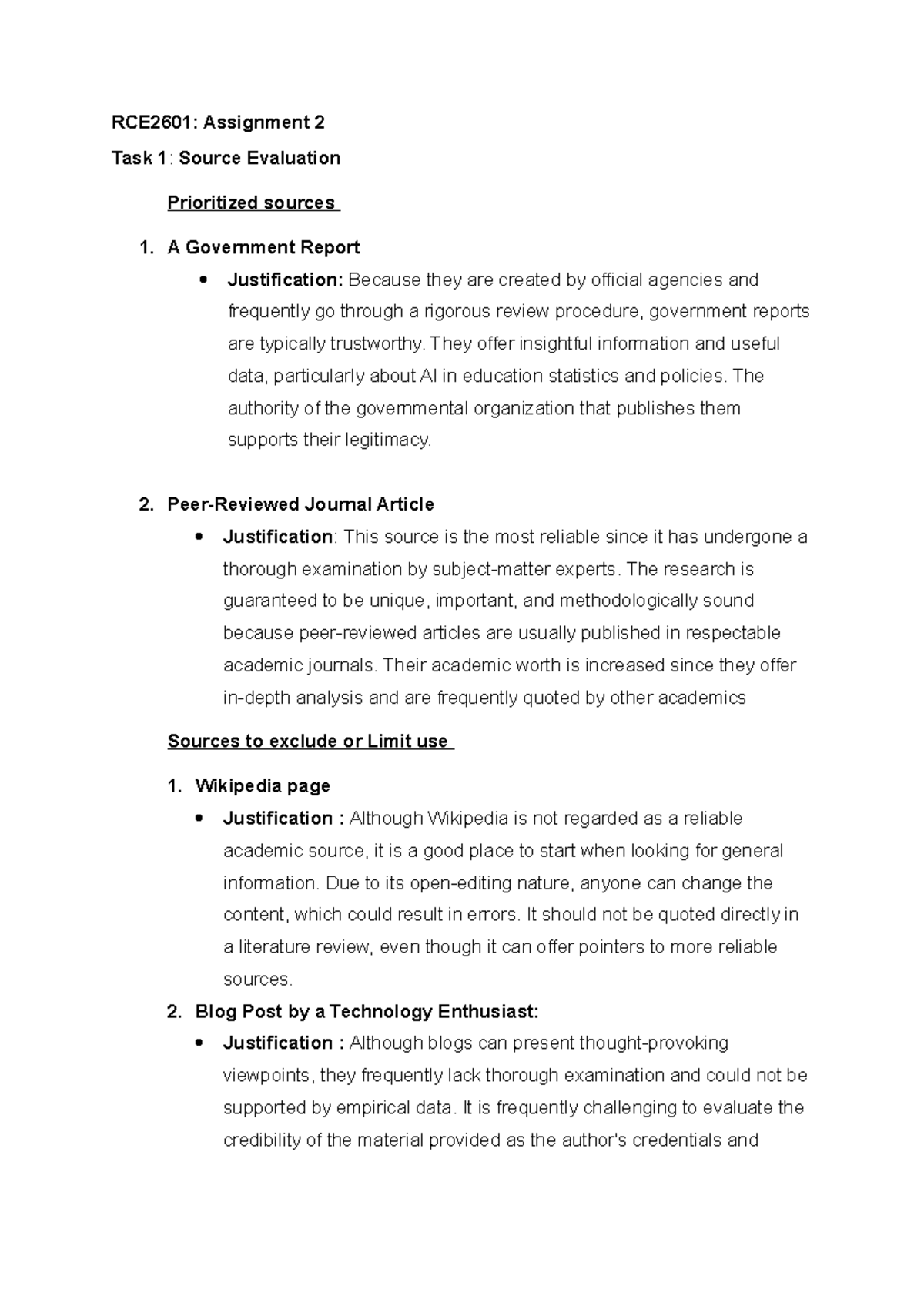 RCE2601: Assignment 2 - Source Evaluation & Academic Credibility - Studocu