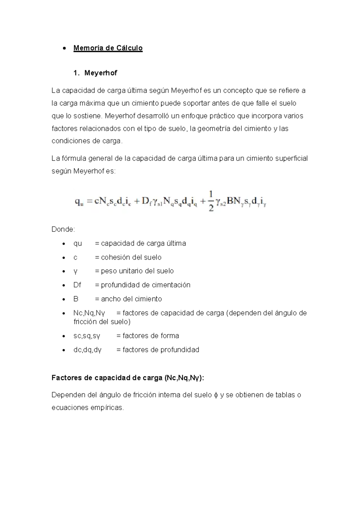 Capacidad de Carga en Cimientos: Meyerhof y Terzaghi - Cálculo - Document Preview