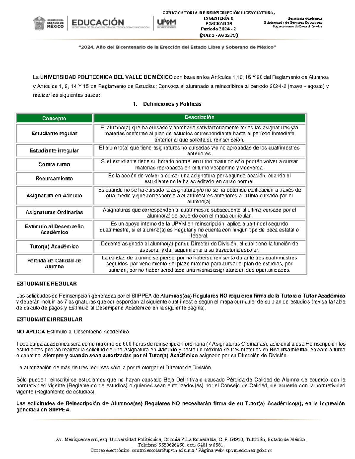 UPVM DCE Reinscripciones 2024-2 - INGENIERÍA Y POSGRADOS Periodo 2024 ...