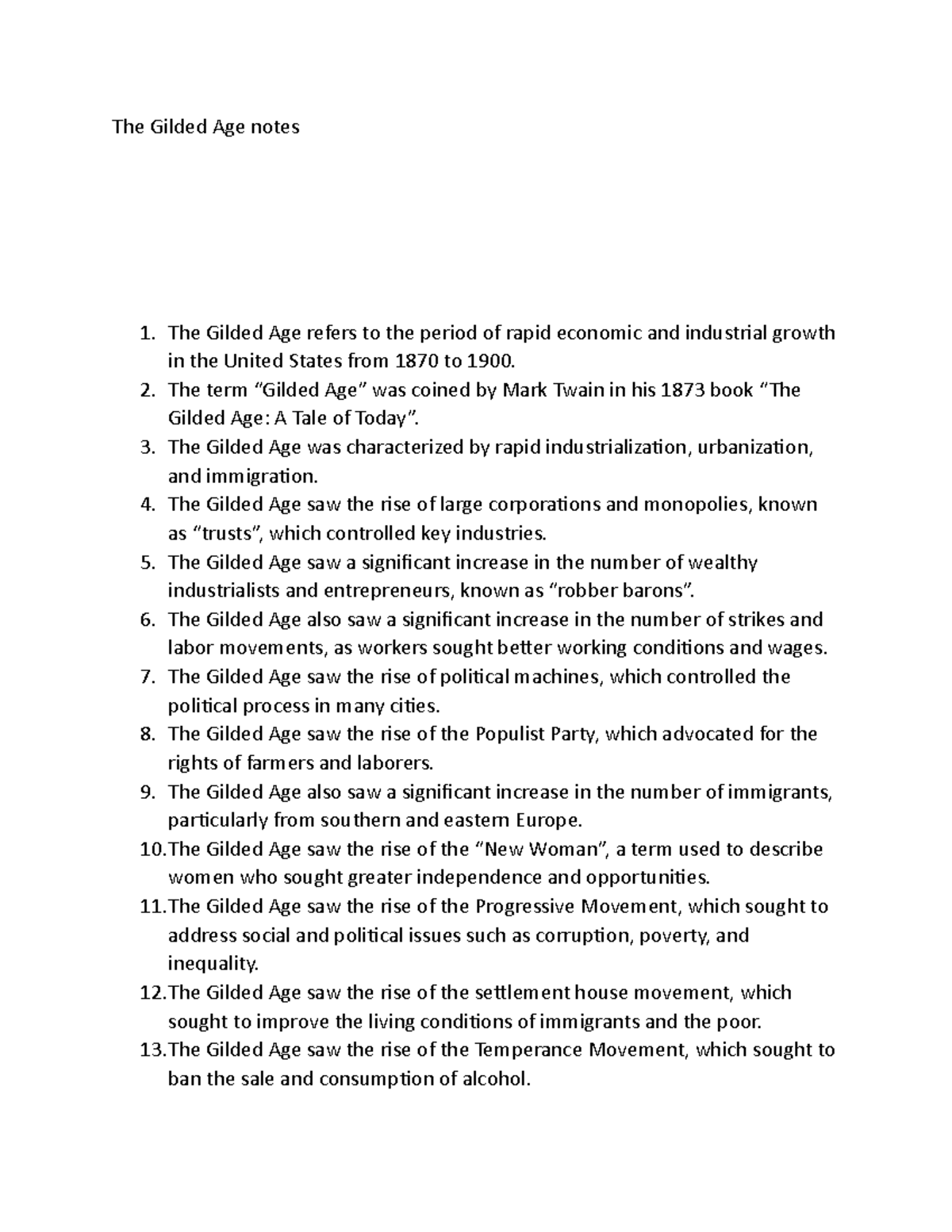 HIST101: The Gilded Age Overview and Key Developments Notes - Studocu