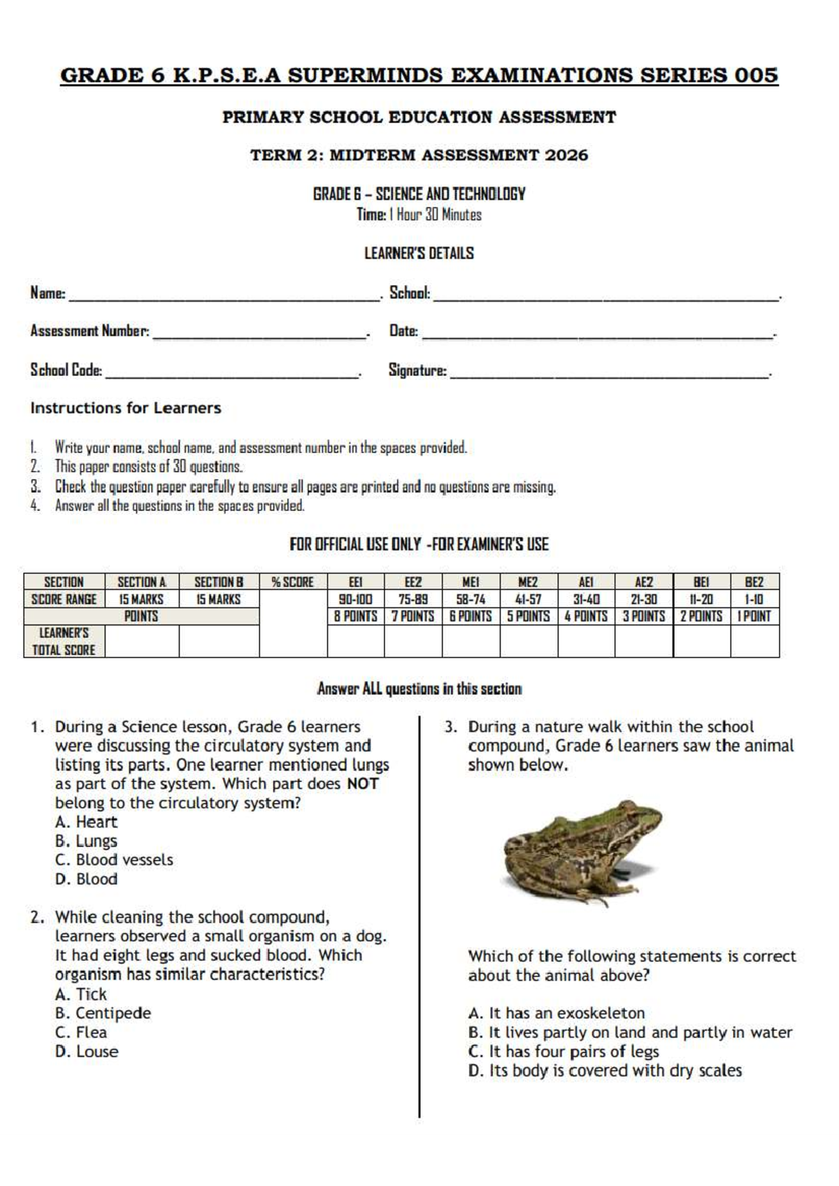 GRADE 6 K.P.S.E.A MIDTERM ASSESSMENT: SCIENCE & TECHNOLOGY 2026 - Studocu