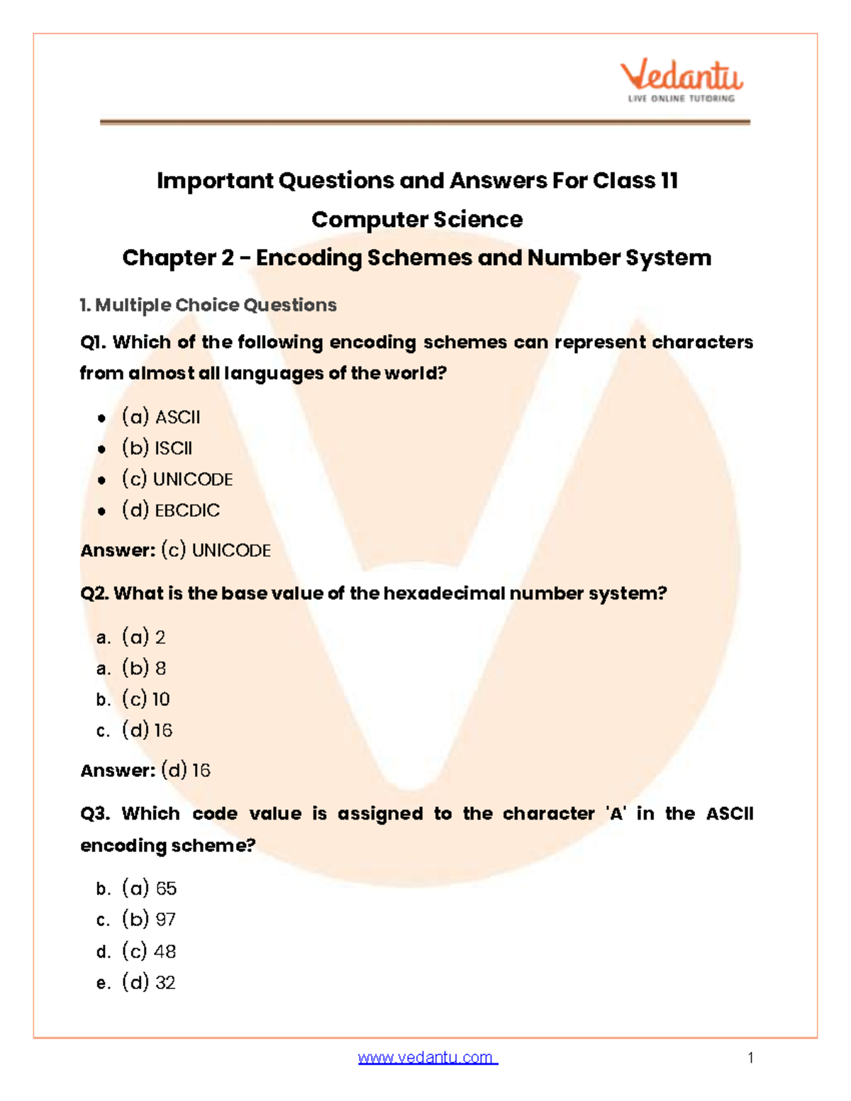 Important Q&A for Class 11 CS Chapter 2: Encoding & Number Systems ...