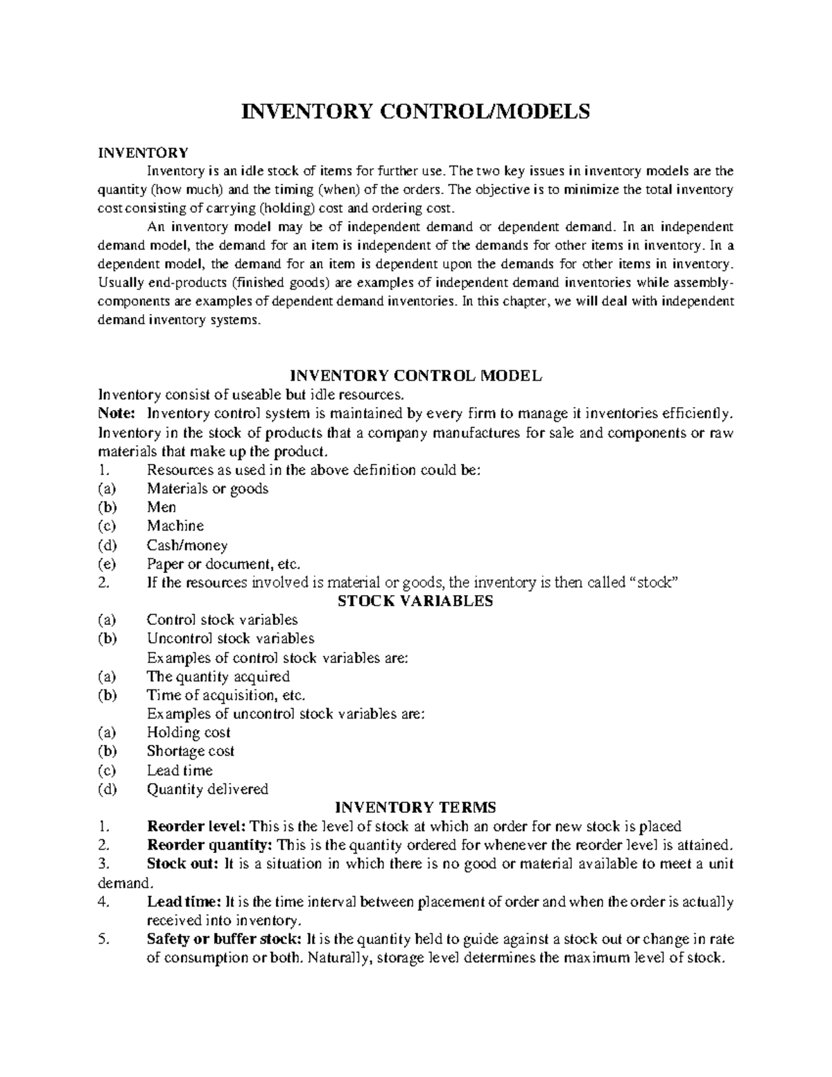 STA 323 Inventory Control: Key Concepts and Models - Studocu