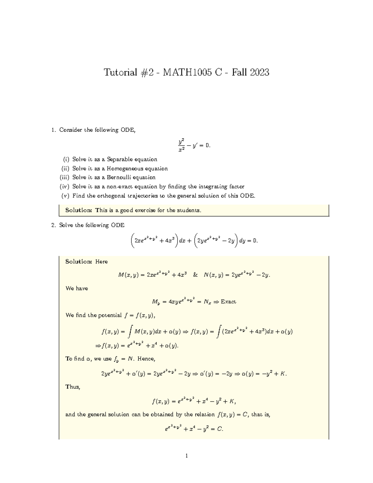 Tutorial MATH1005 C Fall 2023: ODE Solutions and Techniques - Studocu
