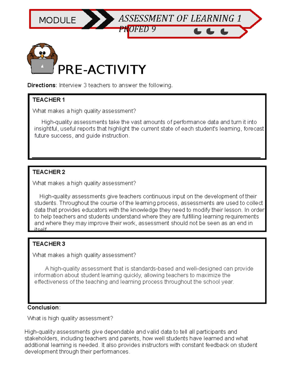 Pretest 2 - High Quality Assessment Insights (PROFED 9) - Studocu